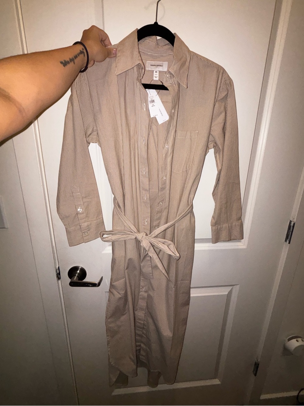 NWT Banana Republic Beige White Striped Midi Shirt Dress with Tie Belt